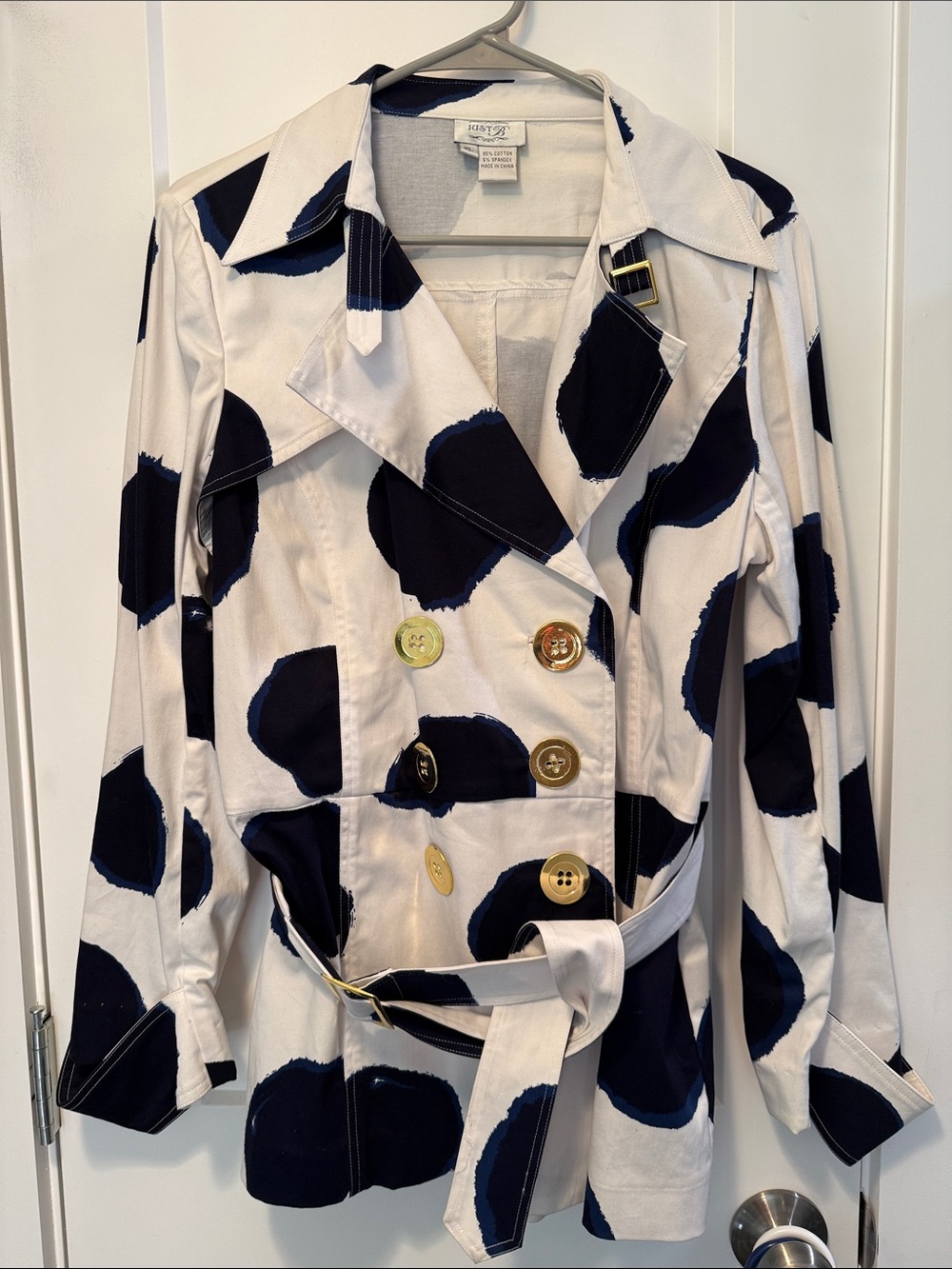 Just B Polka Dot Double-Breasted Trench Coat in White & Navy  size XL